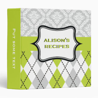 Argyle and damask pattern green, grey recipe 3 ring binder