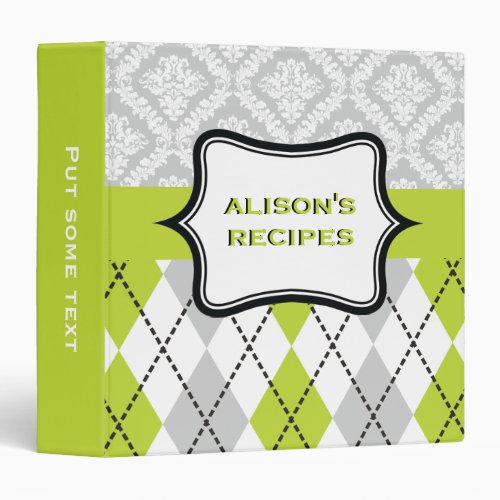 Argyle and damask pattern green grey recipe 3 ring binder