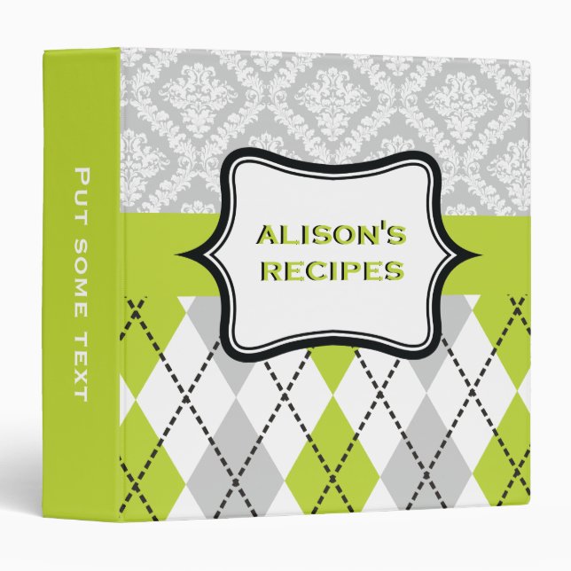 Argyle and damask pattern green, grey recipe 3 ring binder (Front/Spine)