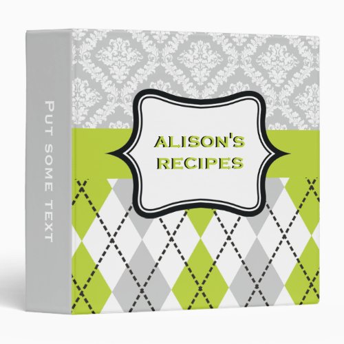 Argyle and damask pattern green grey recipe 3 ring binder