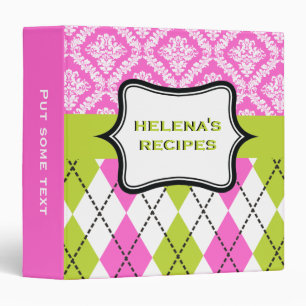 Argyle and damask pattern green, hot pink recipe 3 ring binder