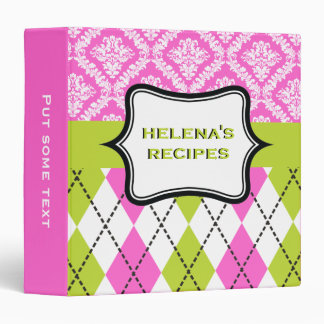 Argyle and damask pattern green, hot pink recipe 3 ring binder