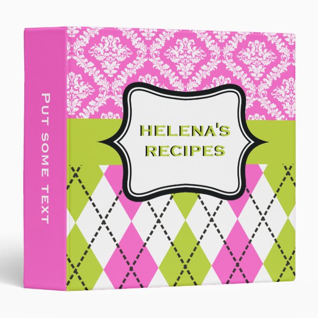Argyle and damask pattern green, hot pink recipe 3 ring binder (Front/Spine)