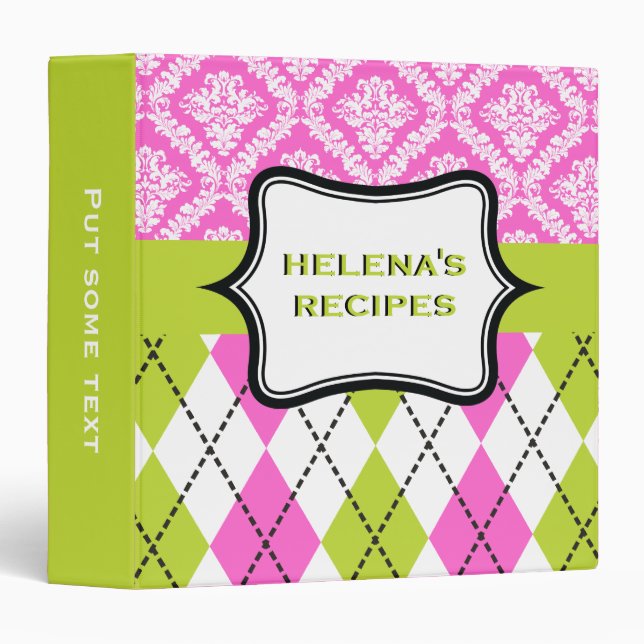 Argyle and damask pattern green, hot pink recipe 3 ring binder (Front/Spine)
