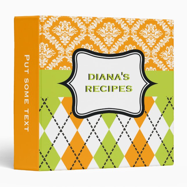 Argyle and damask pattern green, orange recipe 3 ring binder (Front/Spine)