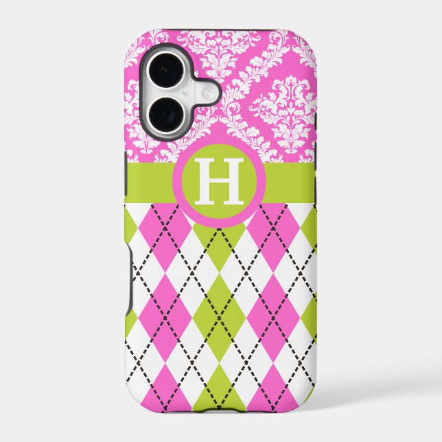 Argyle and damask pattern green, pink monogram iphone case (Back)