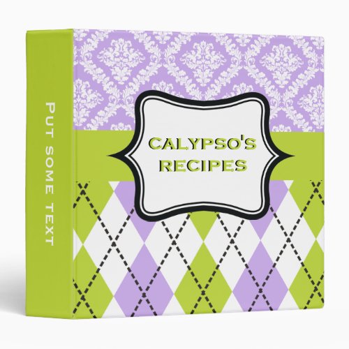 Argyle and damask pattern green purple recipe binder