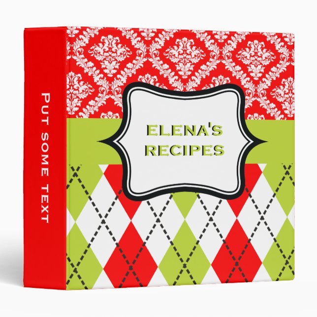 Argyle and damask pattern green, red recipe binder (Front/Spine)