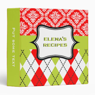 Argyle and damask pattern green, red recipe binder