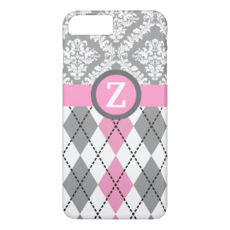 Argyle and damask pattern pink, grey monogram iPhone 8 plus/7 plus case