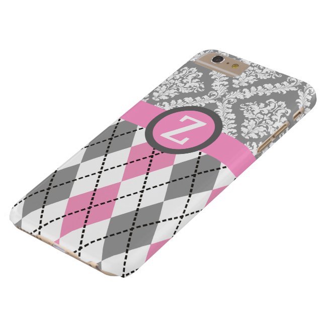 Argyle and damask pattern pink, grey monogram Case-Mate iPhone case (Top)