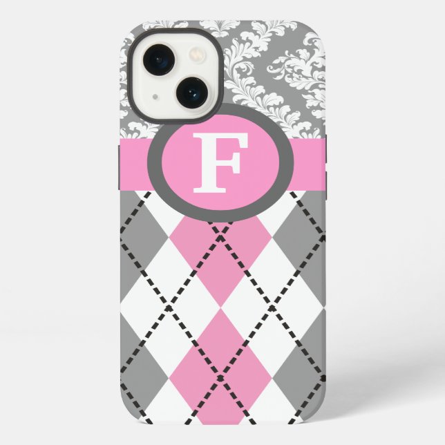 Argyle and damask pattern pink, grey monogram iphone case (Back)