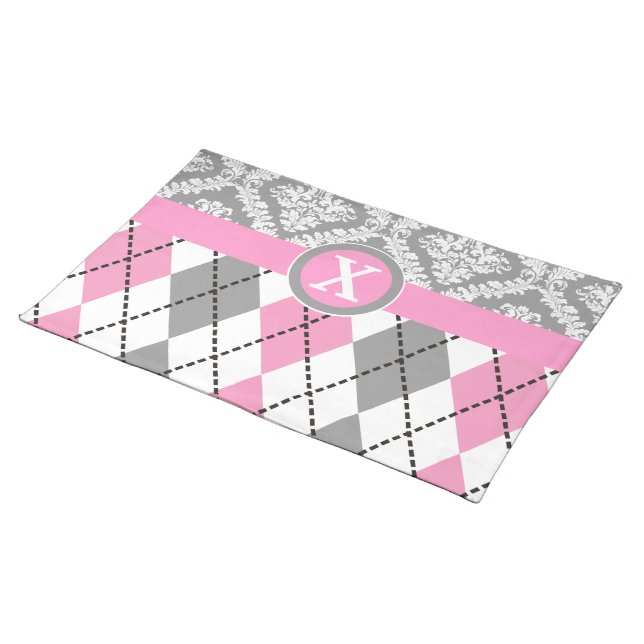 Argyle and damask pattern pink, grey monogram placemat (On Table)