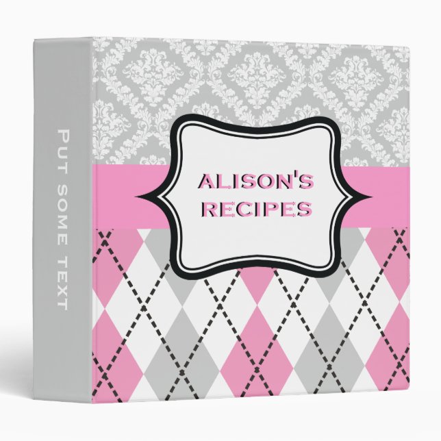 Argyle and damask pattern pink, grey recipe 3 ring binder (Front/Spine)