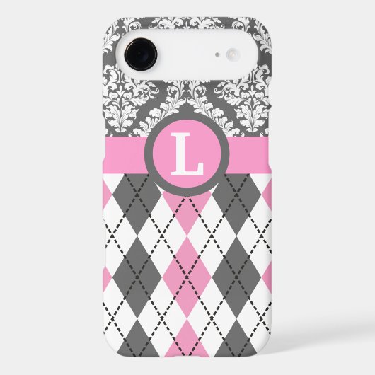 Argyle and damask pattern pink, yellow monogram Case-Mate iPhone case (Back)