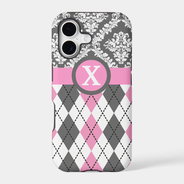 Argyle and damask pattern pink, yellow monogram iphone case (Back)