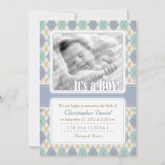 Argyle Birth Announcement (Blue & Aqua) (Front)