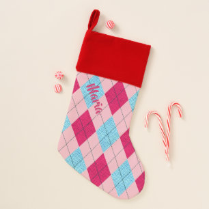 Argyle Blue and Pink Personalized Christmas Stocking