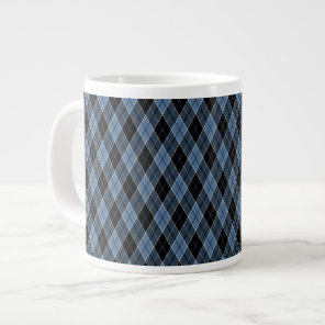 Argyle Blue Black White Stripes Diamond pattern Large Coffee Mug