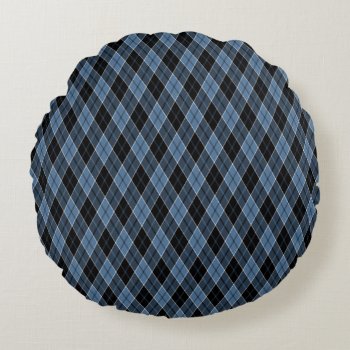Argyle Blue Black White Stripes Diamond Pattern Round Pillow by sumwoman at Zazzle