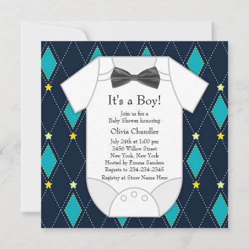 Argyle Blue Yellow Baby Boy Shower Personalized Announcements