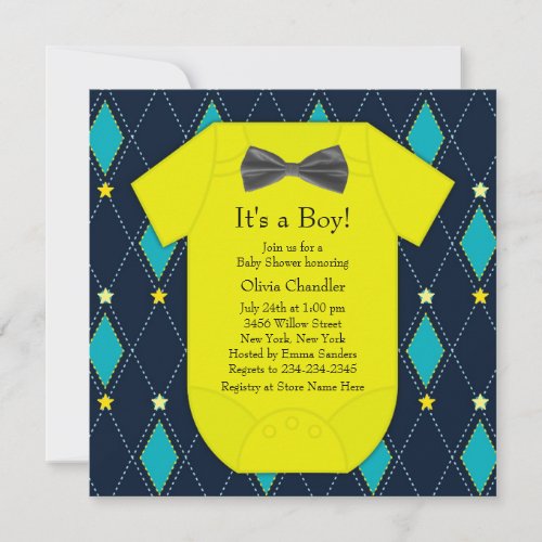 Argyle Blue Yellow Baby Boy Shower Custom Announcement