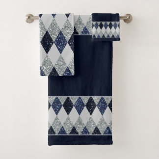 Argyle Blues Silver Shimmer Faux Glitter - All Opt Bath Towel Set