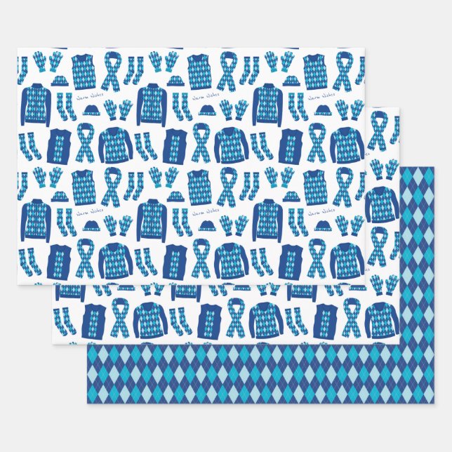 Argyle Clothes Illustration in Blue Wrapping Paper Sheets (Set)