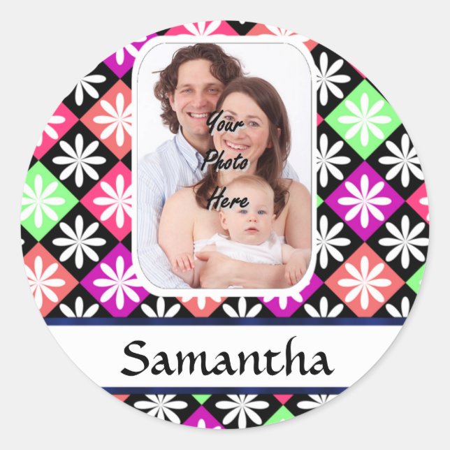 Argyle daisy pattern classic round sticker (Front)