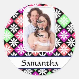 Argyle daisy pattern classic round sticker