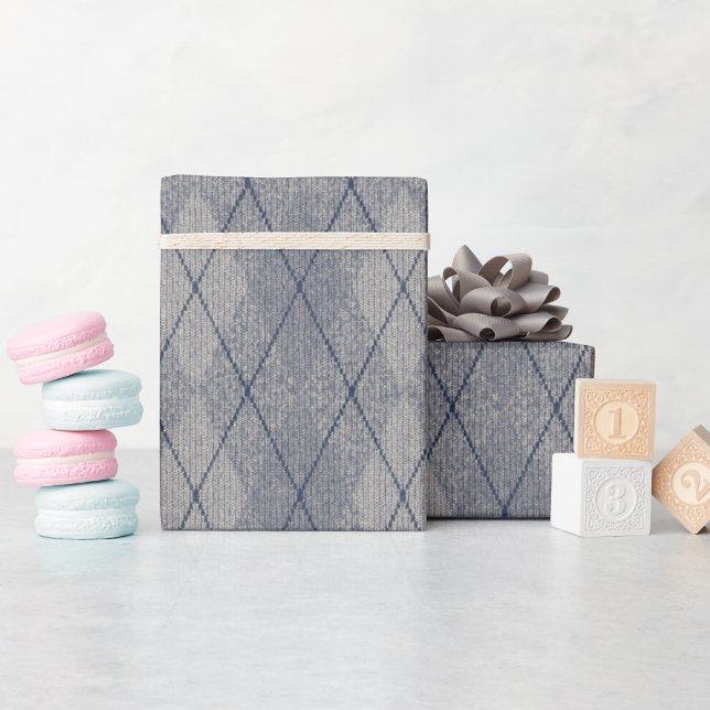 Argyle Fabric Look Faux Texture Gray Blue Wrapping Paper (Baby Shower)