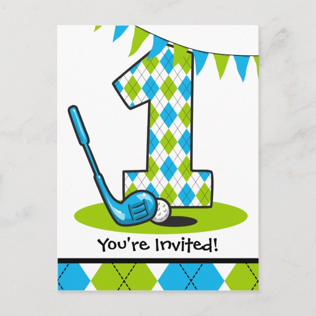 Argyle Golf 1st Birthday Postcard Invitation (Front)
