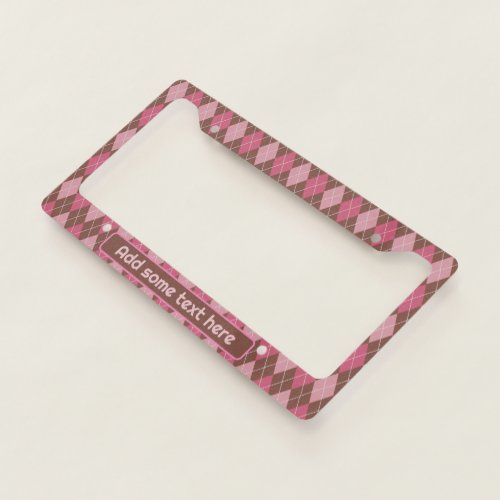 Argyle Golf Style Brown and Pink Diamond Add text License Plate Frame