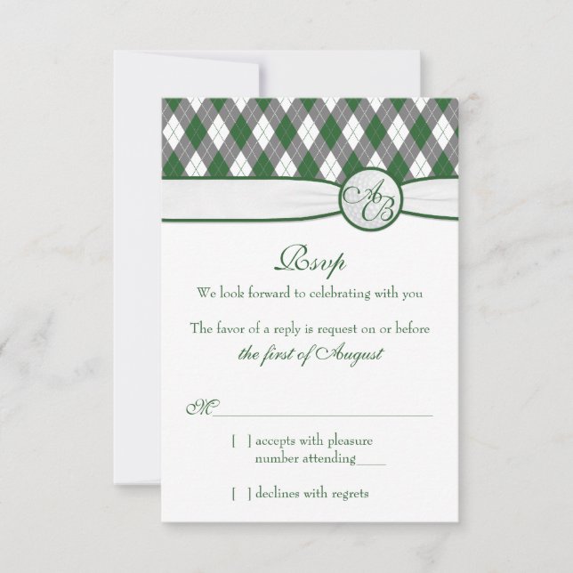 Argyle Golfball Golf Green Monogram Wedding RSVP Card (Front)
