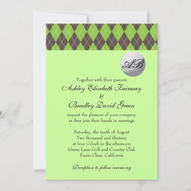 Argyle Golfball Golfing Green Monogram Wedding Invitation (Front)