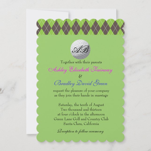 Argyle Golfball Golfing Green Monogram Wedding Invitation (Front)