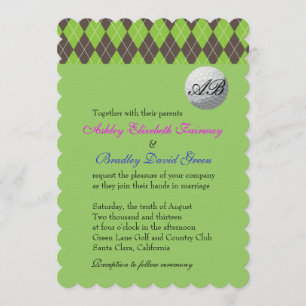 Argyle Golfball Golfing Green Monogram Wedding Invitation