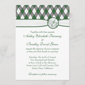 Argyle Golfball Golfing Green Monogram Wedding Invitation by DKGolf at Zazzle