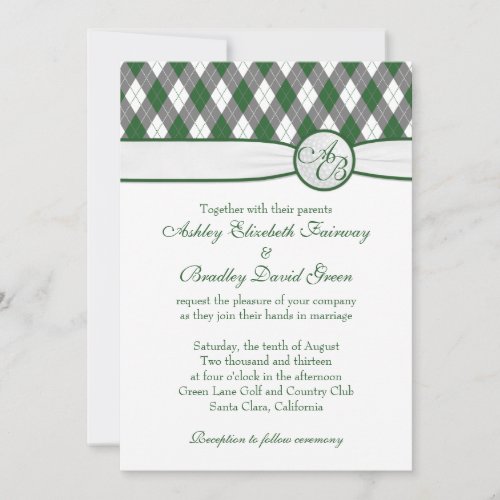Argyle Golfball Golfing Green Monogram Wedding Personalized Invites