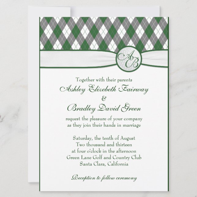 Argyle Golfball Golfing Green Monogram Wedding Invitation (Front)