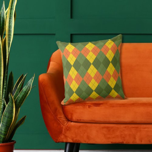 Argyle Green Gold Orange Throw Pillow