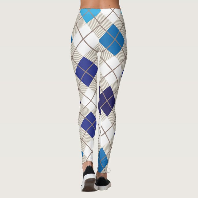 Argyle Harlequin Trendy Blue Gray White Diamond Leggings (Back)