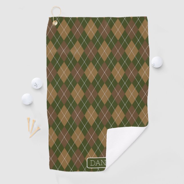 Argyle in Camo Green & Brown with Name or Initials Golf Towel (InSitu)