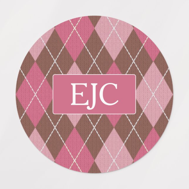 Argyle Knit Pink and Brown Pattern - your Initials Labels (Design 5)