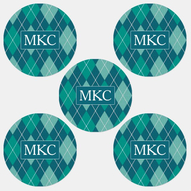Argyle Knit Teal and Aqua Pattern - add Initials Labels (Group)
