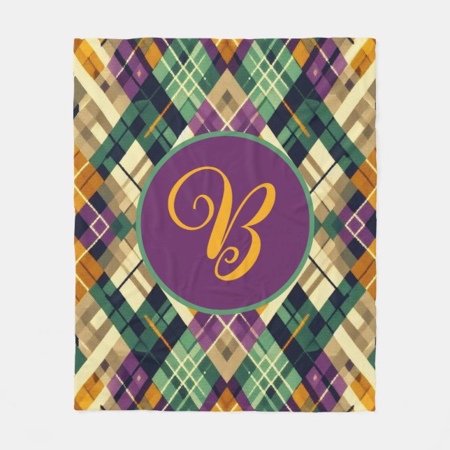 Argyle Mardi Gras yellow purple green Fleece Blanket (Front)
