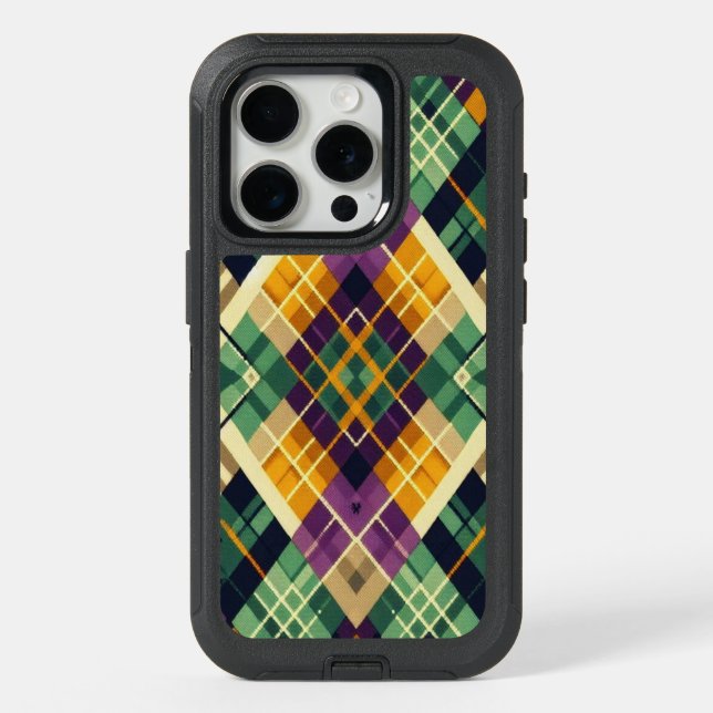 Argyle Mardi Gras yellow purple green iPhone 15 Pro Case (Back)