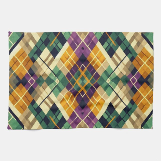 Argyle Mardi Gras yellow purple green Kitchen Towel (Horizontal)