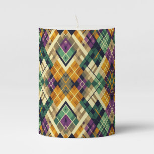 Argyle Mardi Gras yellow purple green Pillar Candle