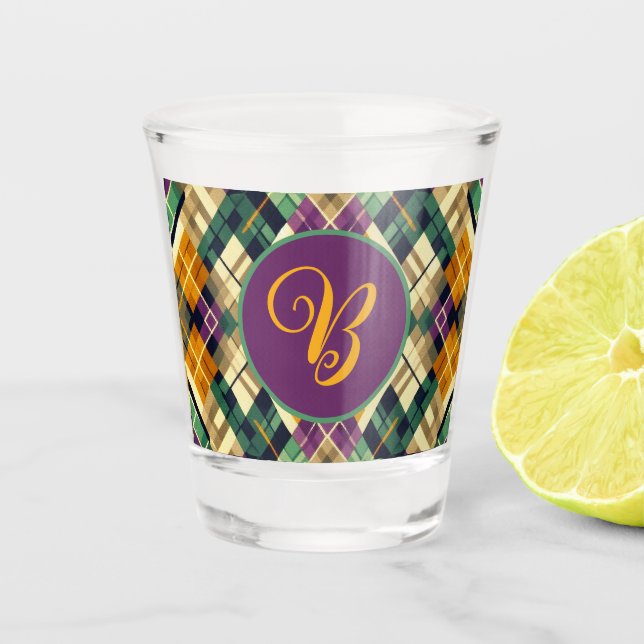 Argyle Mardi Gras yellow purple green Shot Glass (Front)